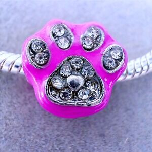 Pink Crystal Paw Print Enamel Bead fits PANDORA